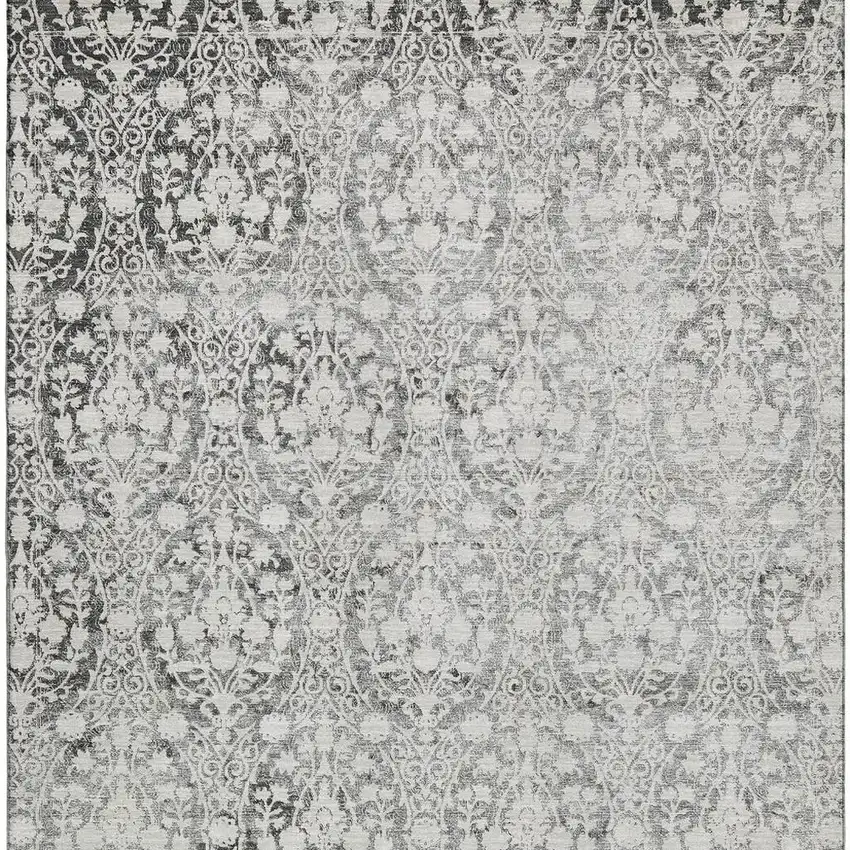 Charcoal And Ivory Damask Washable Area Rug With UV Protection Photo 2
