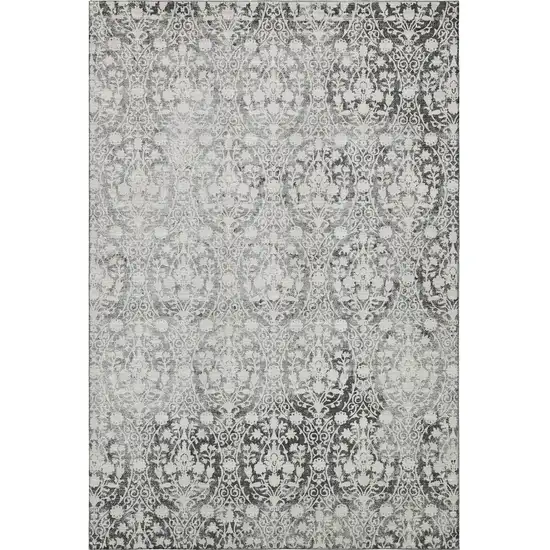 Charcoal And Ivory Damask Washable Area Rug With UV Protection Photo 3