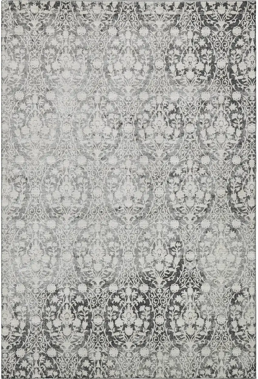 Charcoal And Ivory Damask Washable Area Rug With UV Protection Photo 3