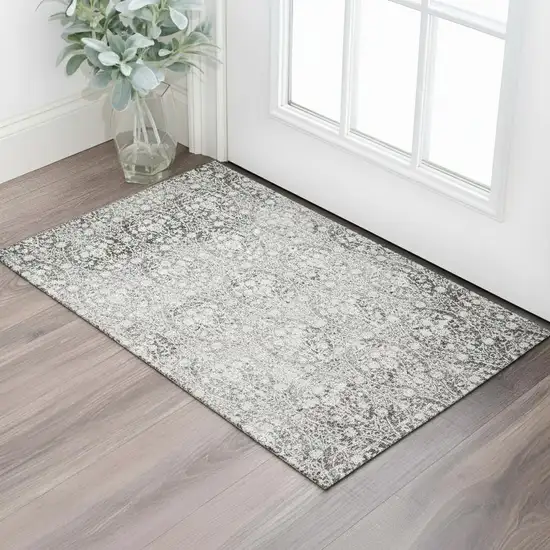 Charcoal And Ivory Damask Washable Area Rug With UV Protection Photo 2