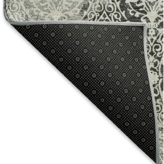 Charcoal And Ivory Damask Washable Area Rug With UV Protection Photo 6