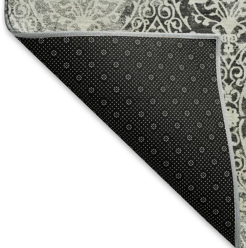 Charcoal And Ivory Damask Washable Area Rug With UV Protection Photo 6