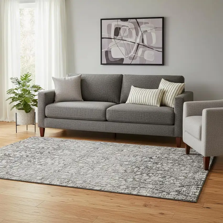 Charcoal And Ivory Damask Washable Area Rug With UV Protection Photo 2