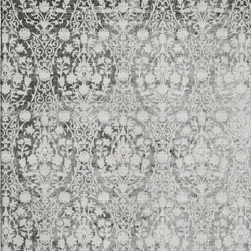 Charcoal And Ivory Damask Washable Area Rug With UV Protection Photo 2