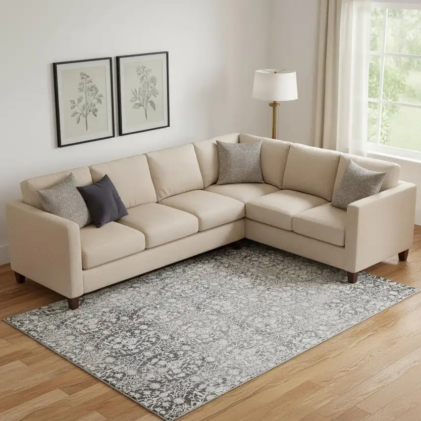 Charcoal And Ivory Damask Washable Area Rug With UV Protection Photo 2