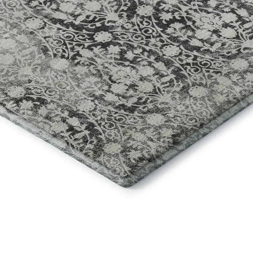 Charcoal And Ivory Damask Washable Area Rug With UV Protection Photo 7