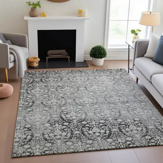 Charcoal And Ivory Damask Washable Area Rug With UV Protection Photo 4