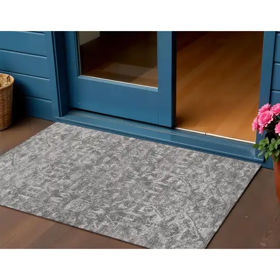 Charcoal And Ivory Damask Washable Indoor Outdoor Area Rug Photo 1