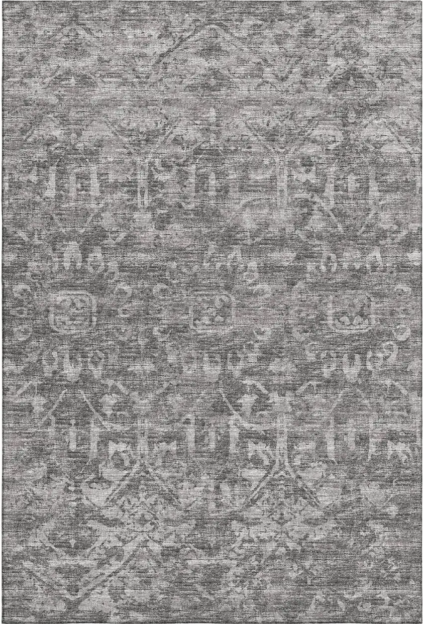 Charcoal And Ivory Damask Washable Indoor Outdoor Area Rug Photo 6