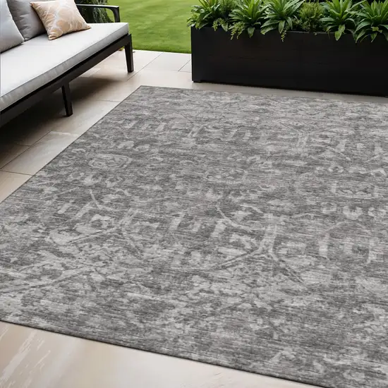 Charcoal And Ivory Damask Washable Indoor Outdoor Area Rug Photo 1
