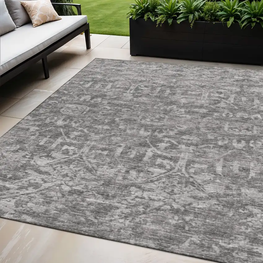 Charcoal And Ivory Damask Washable Indoor Outdoor Area Rug Photo 1