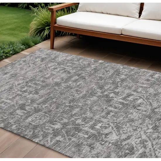 Charcoal And Ivory Damask Washable Indoor Outdoor Area Rug Photo 1
