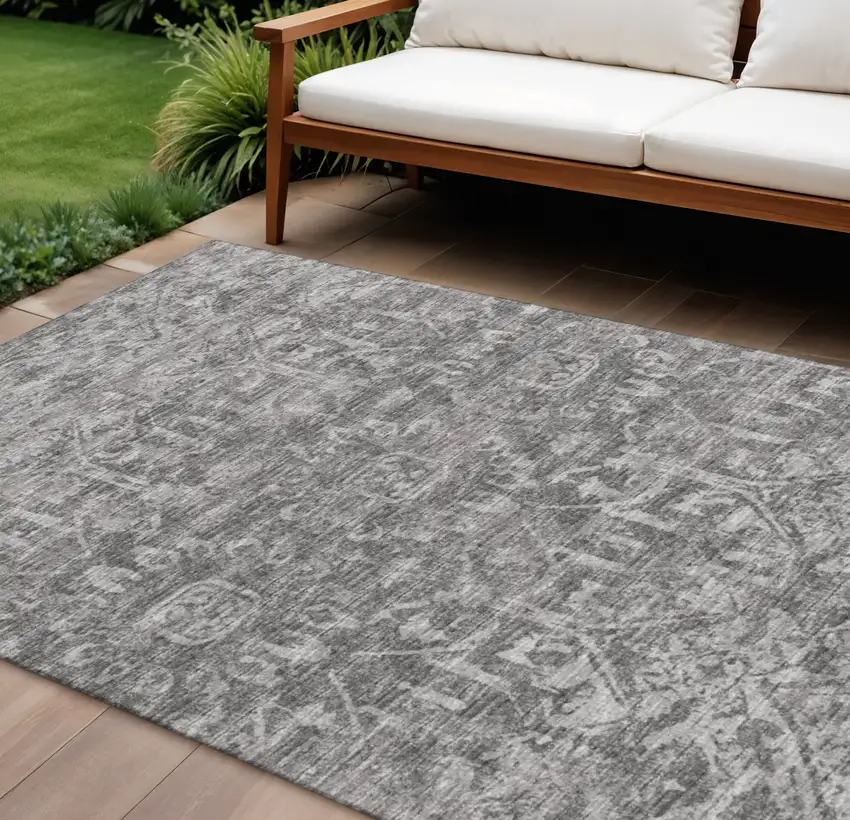 Charcoal And Ivory Damask Washable Indoor Outdoor Area Rug Photo 1