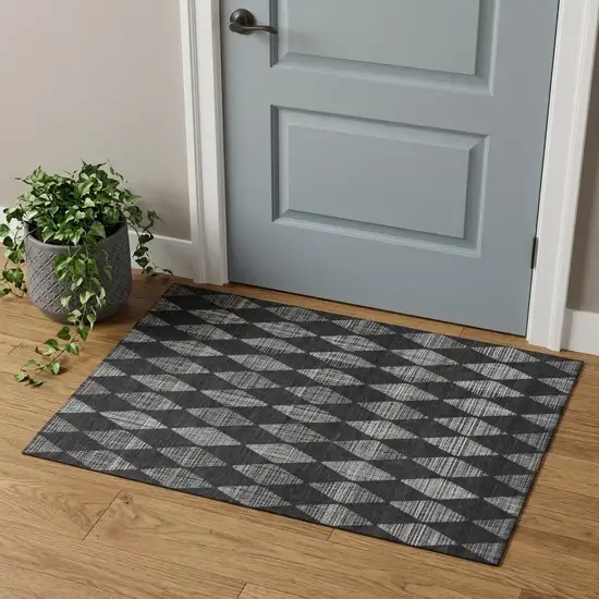 Charcoal And Ivory Diamond Washable Area Rug With UV Protection Photo 1