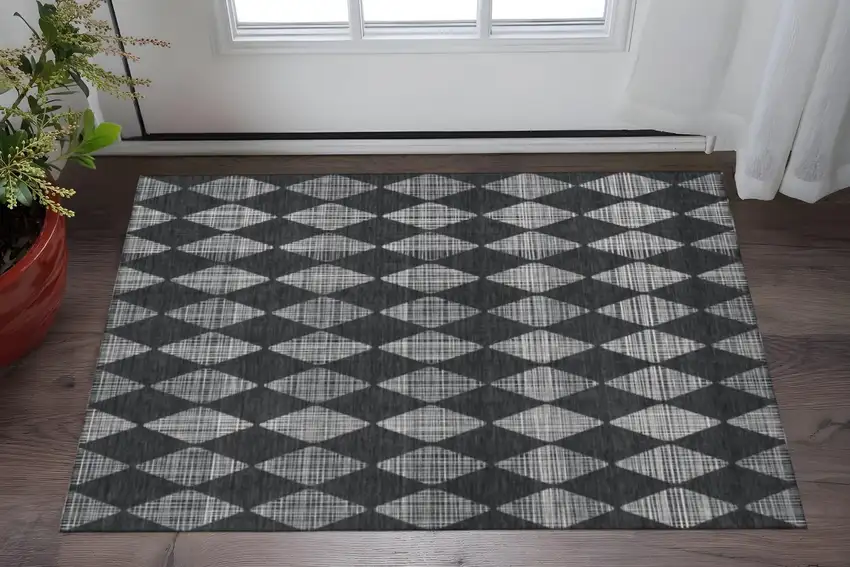 Charcoal And Ivory Diamond Washable Area Rug With UV Protection Photo 2