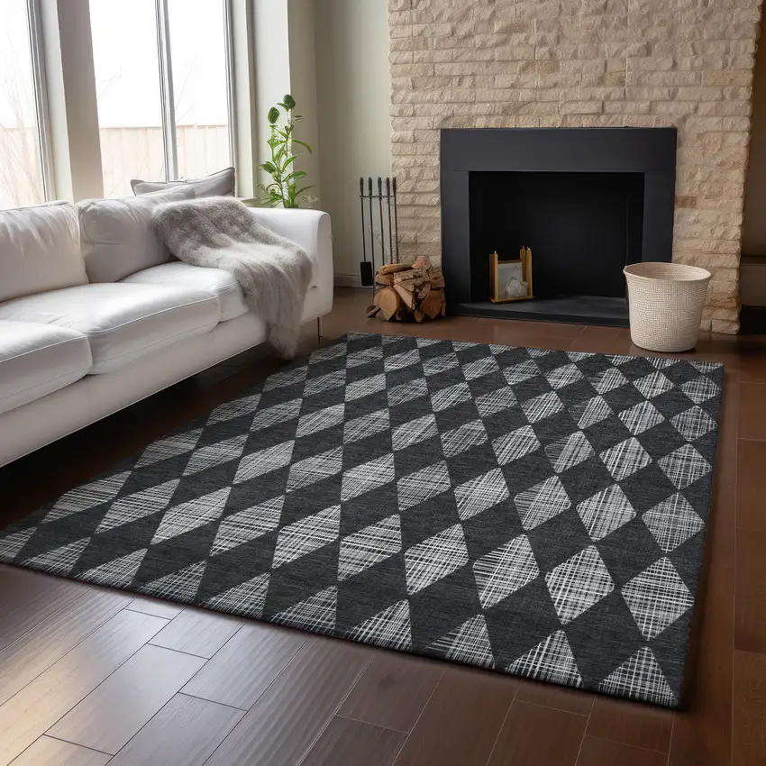 Charcoal And Ivory Diamond Washable Area Rug With UV Protection Photo 5