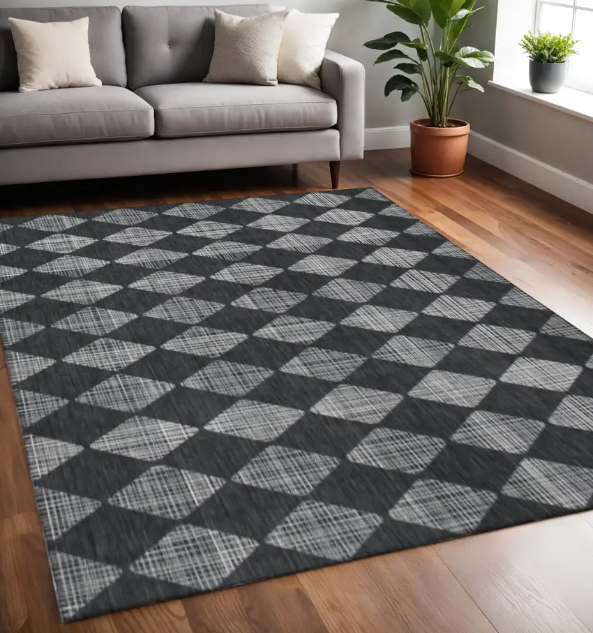 Charcoal And Ivory Diamond Washable Area Rug With UV Protection Photo 3