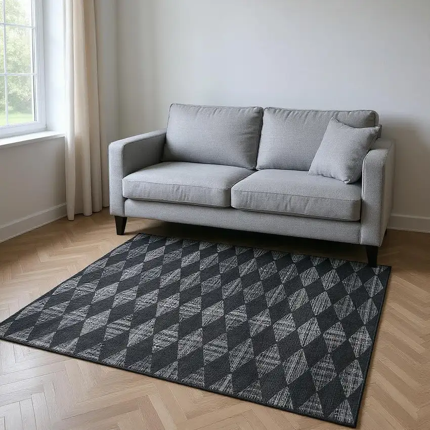 Charcoal And Ivory Diamond Washable Area Rug With UV Protection Photo 2