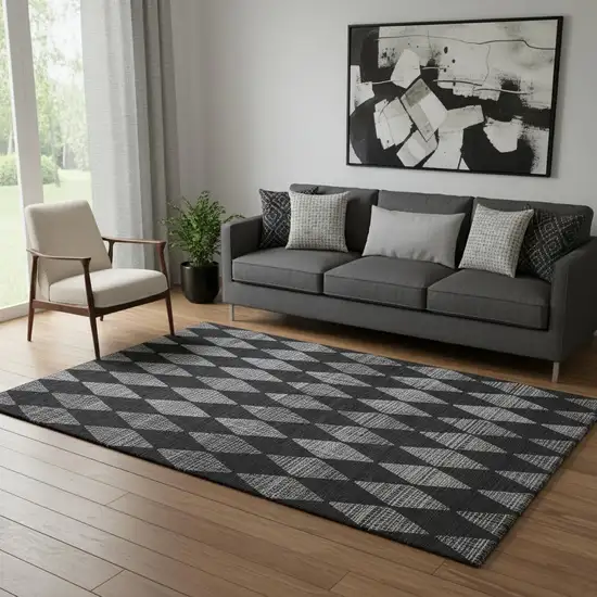 Charcoal And Ivory Diamond Washable Area Rug With UV Protection Photo 1