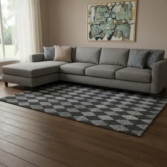 Charcoal And Ivory Diamond Washable Area Rug With UV Protection Photo 1