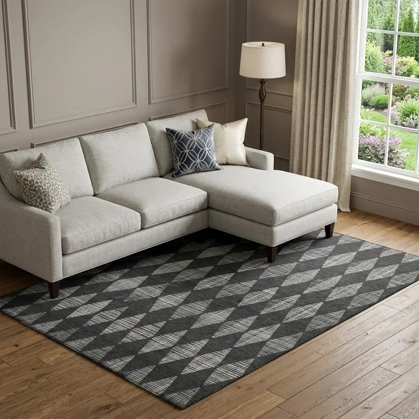 Charcoal And Ivory Diamond Washable Area Rug With UV Protection Photo 1