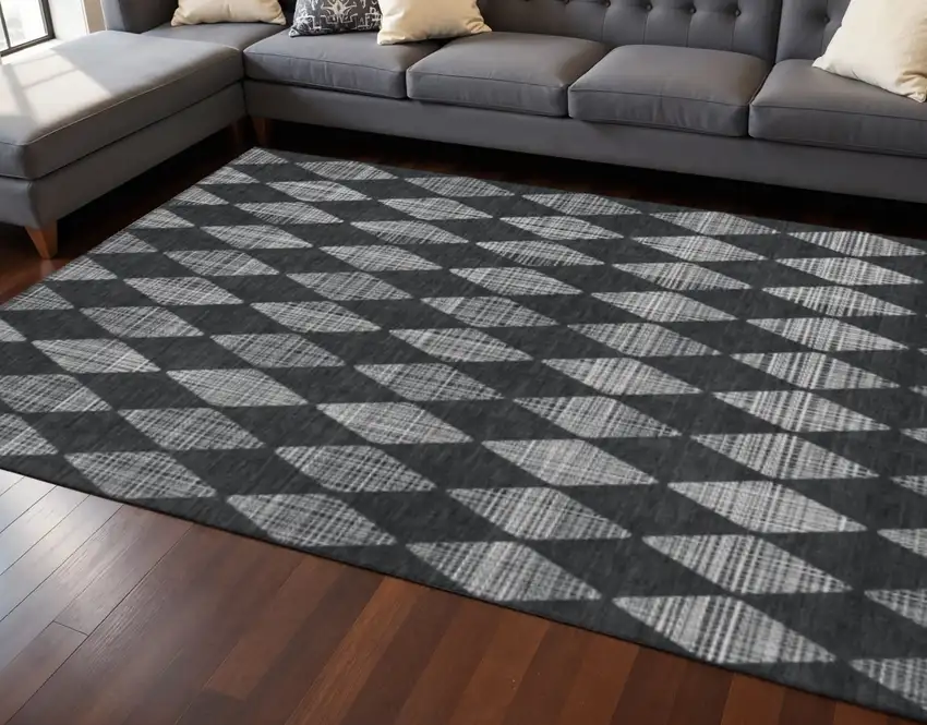 Charcoal And Ivory Diamond Washable Area Rug With UV Protection Photo 2