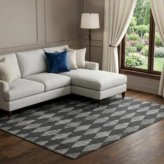 Charcoal And Ivory Diamond Washable Area Rug With UV Protection Photo 1