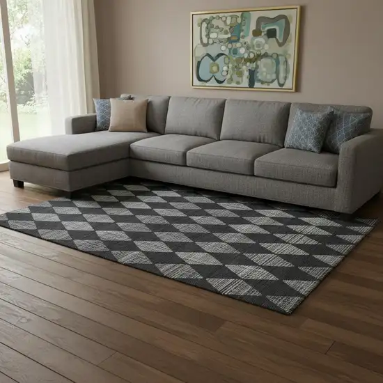 Charcoal And Ivory Diamond Washable Area Rug With UV Protection Photo 1