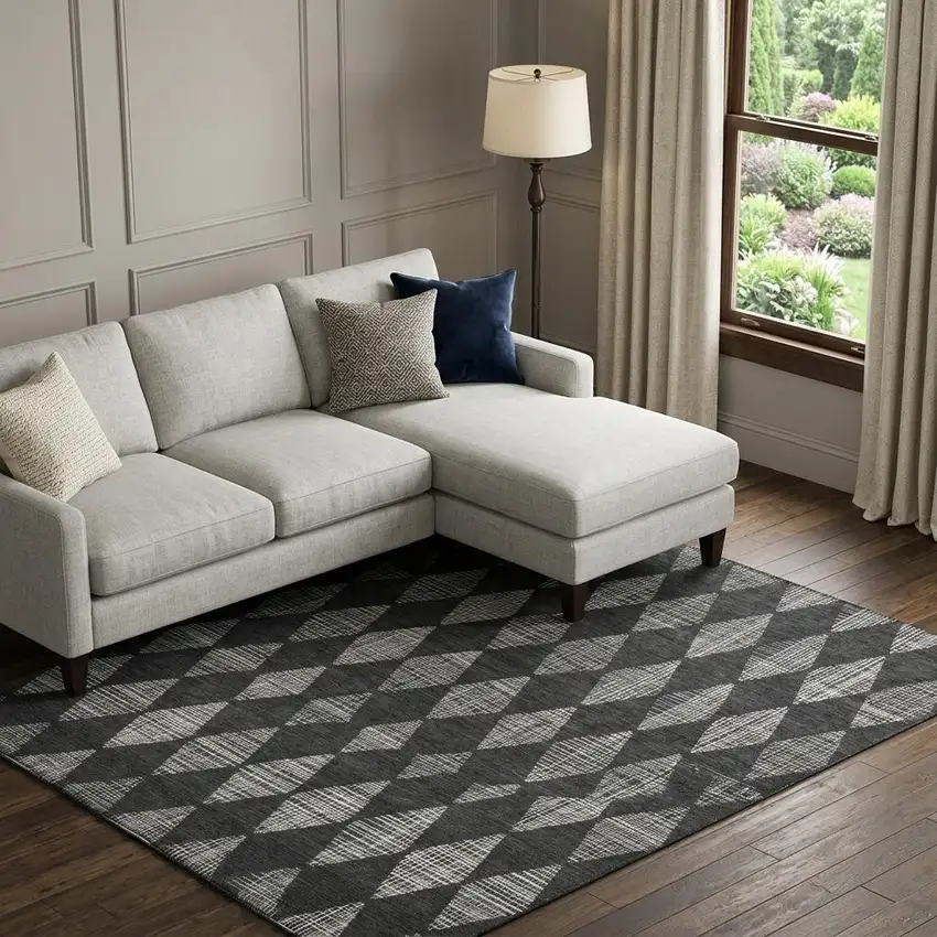 Charcoal And Ivory Diamond Washable Area Rug With UV Protection Photo 1