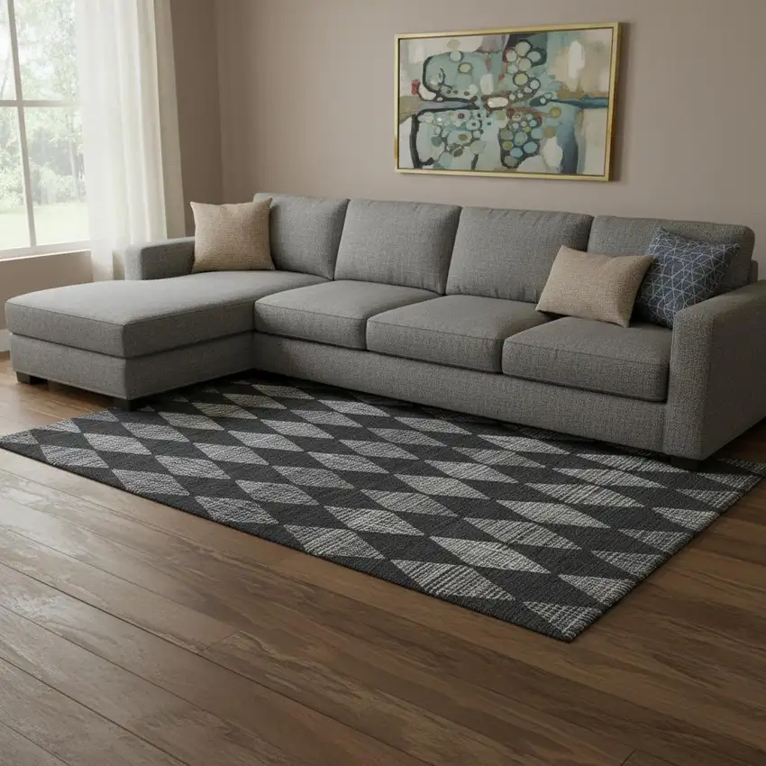 Charcoal And Ivory Diamond Washable Area Rug With UV Protection Photo 1