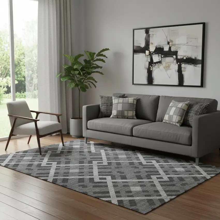 Charcoal And Ivory Geometric Washable Area Rug With UV Protection Photo 1