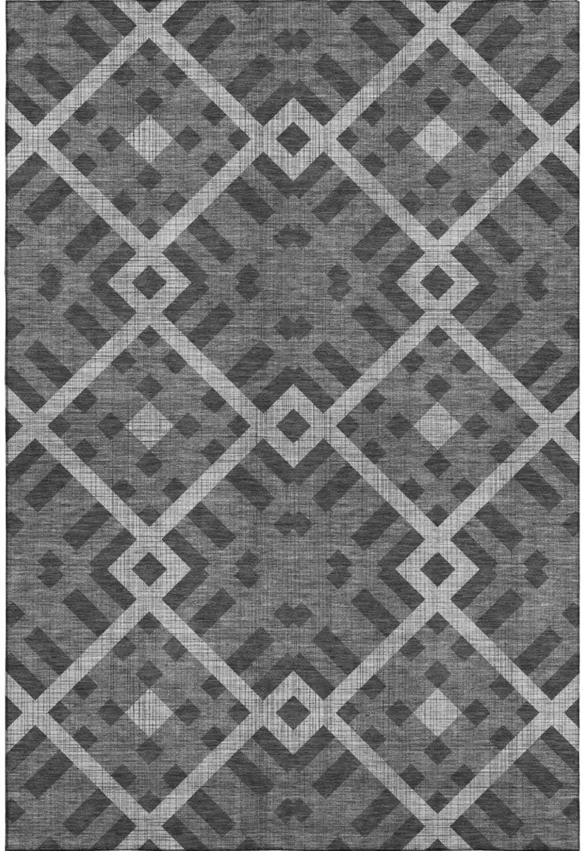 Charcoal And Ivory Geometric Washable Area Rug With UV Protection Photo 1