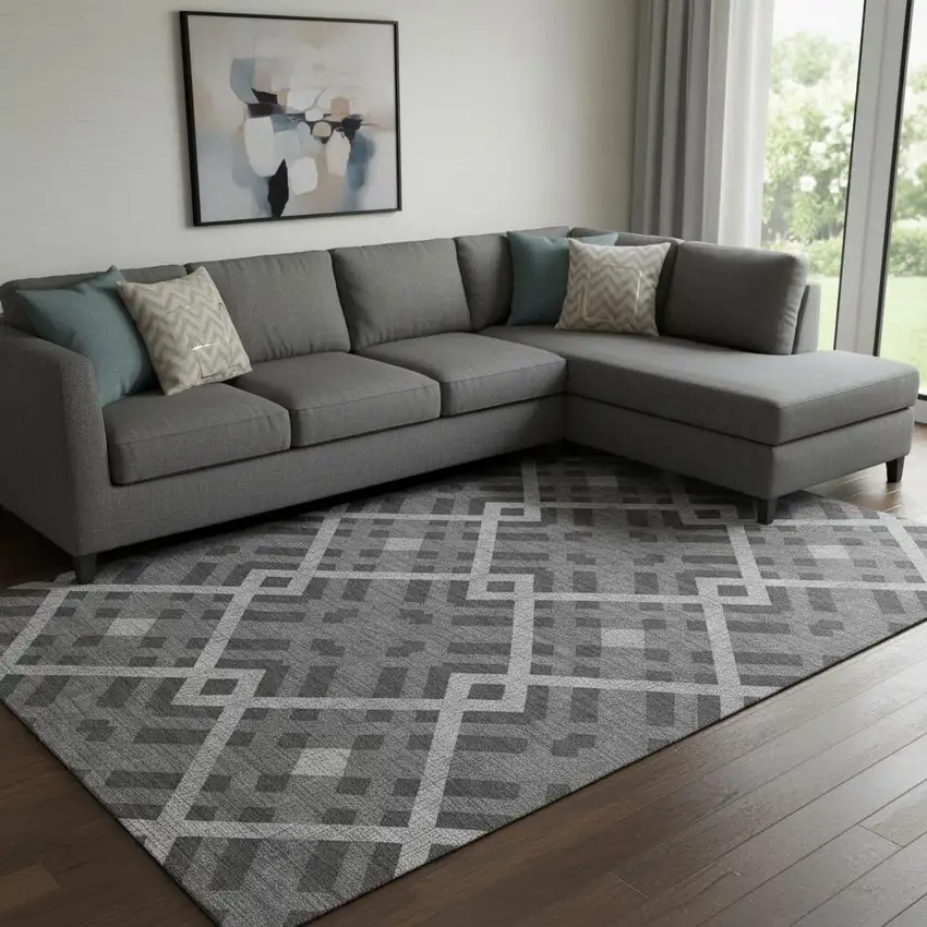 Charcoal And Ivory Geometric Washable Area Rug With UV Protection Photo 1
