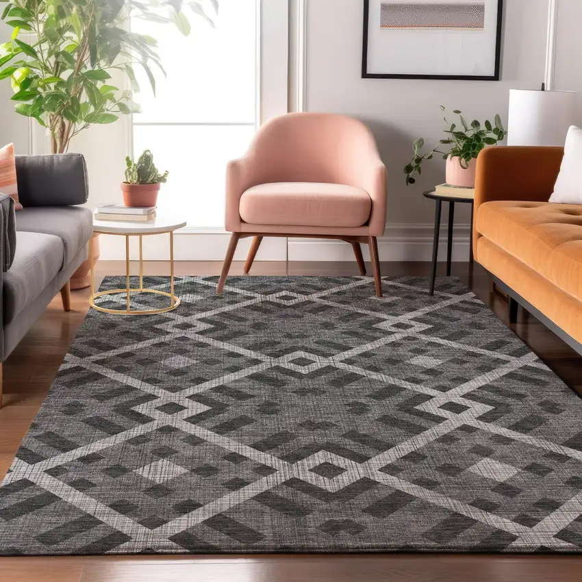 Charcoal And Ivory Geometric Washable Area Rug With UV Protection Photo 4