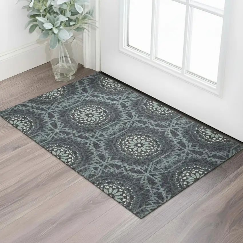 Charcoal And Ivory Geometric Washable Area Rug With UV Protection Photo 1