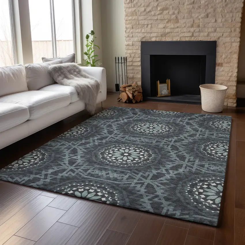 Charcoal And Ivory Geometric Washable Area Rug With UV Protection Photo 5