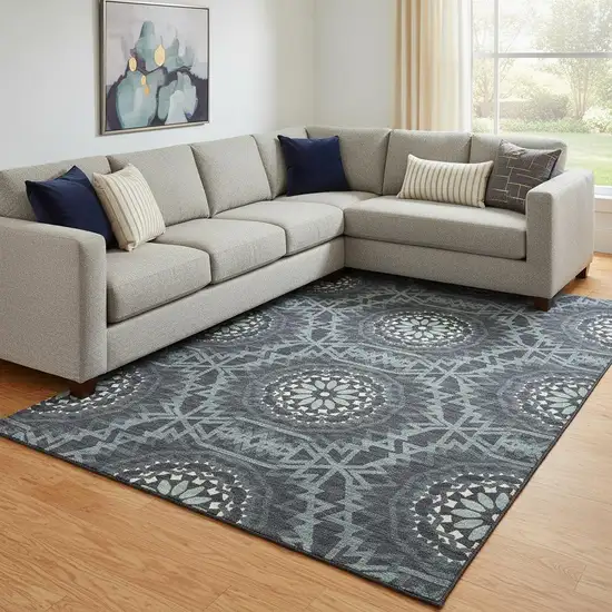 Charcoal And Ivory Geometric Washable Area Rug With UV Protection Photo 1