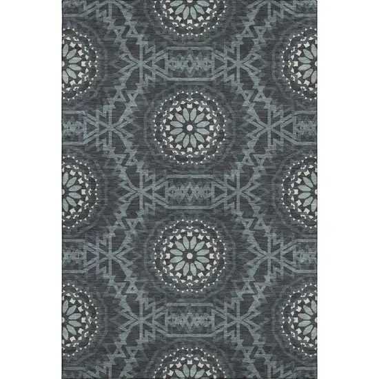 Charcoal And Ivory Geometric Washable Area Rug With UV Protection Photo 1