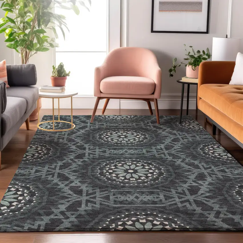 Charcoal And Ivory Geometric Washable Area Rug With UV Protection Photo 4