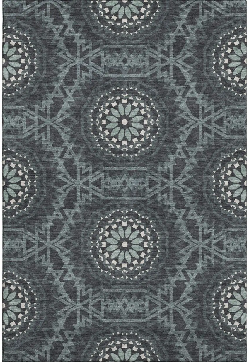 Charcoal And Ivory Geometric Washable Area Rug With UV Protection Photo 1