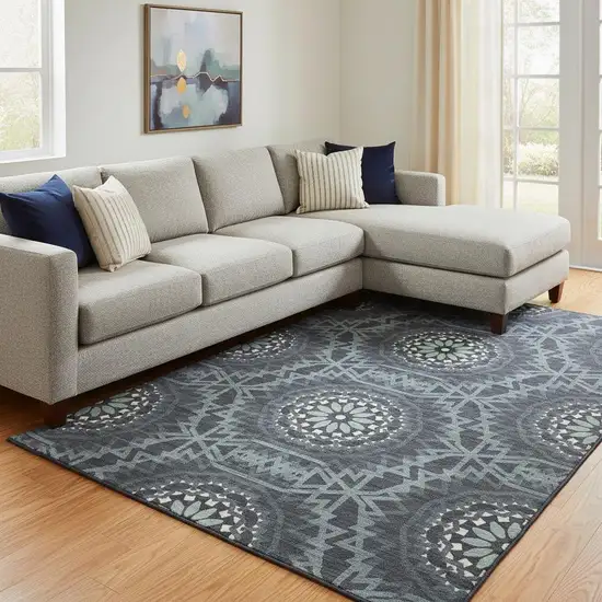 Charcoal And Ivory Geometric Washable Area Rug With UV Protection Photo 1