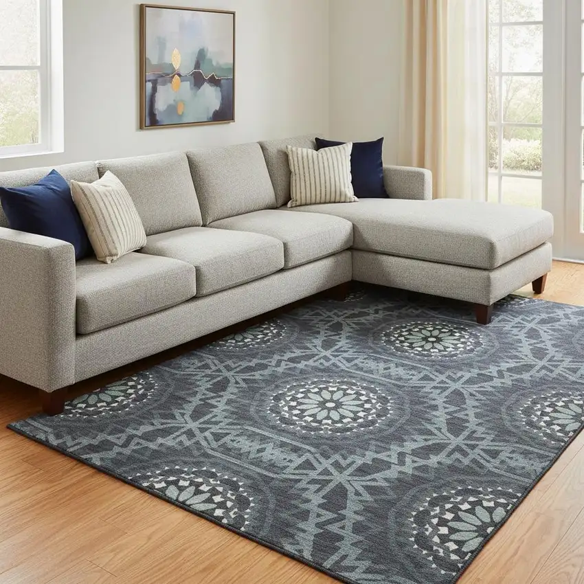 Charcoal And Ivory Geometric Washable Area Rug With UV Protection Photo 1