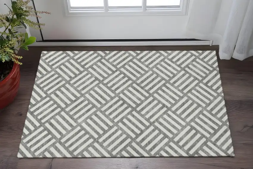 Charcoal And Ivory Geometric Washable Area Rug With UV Protection Photo 2