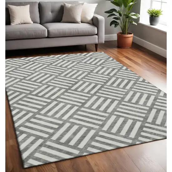 Charcoal And Ivory Geometric Washable Area Rug With UV Protection Photo 2