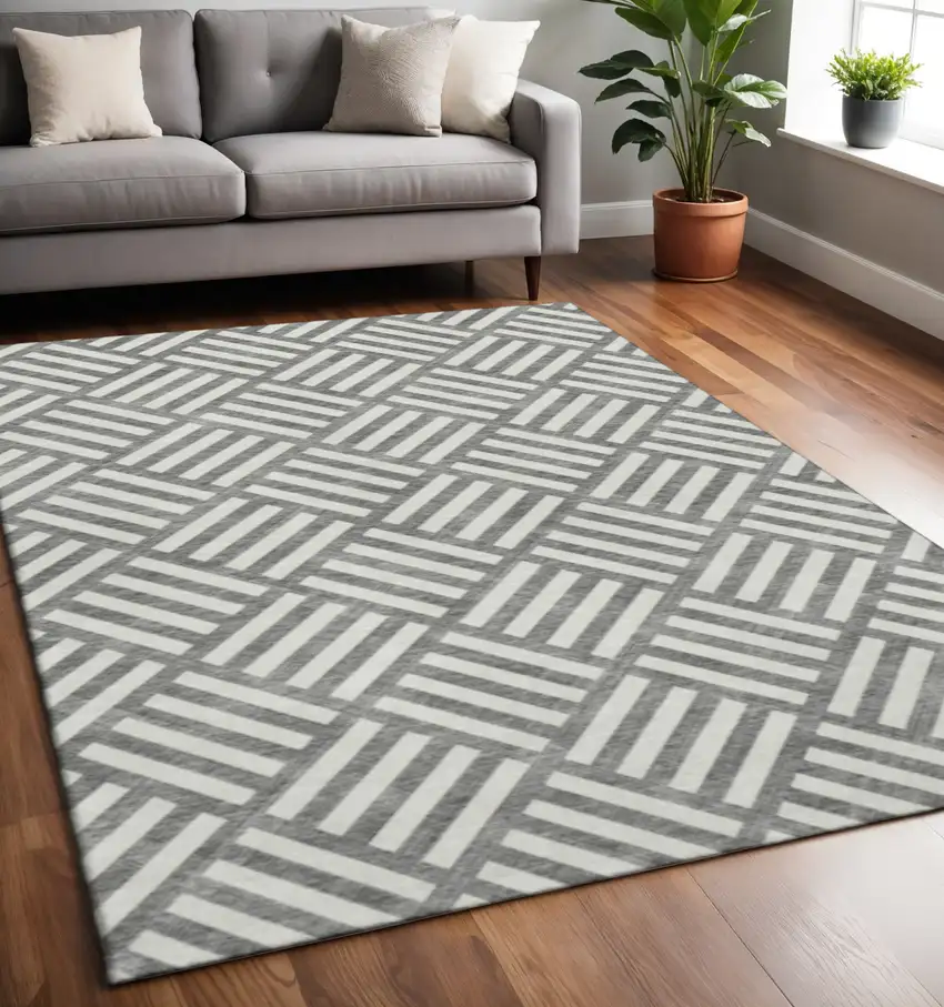 Charcoal And Ivory Geometric Washable Area Rug With UV Protection Photo 2