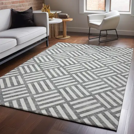 Charcoal And Ivory Geometric Washable Area Rug With UV Protection Photo 4