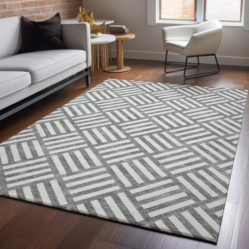Charcoal And Ivory Geometric Washable Area Rug With UV Protection Photo 4
