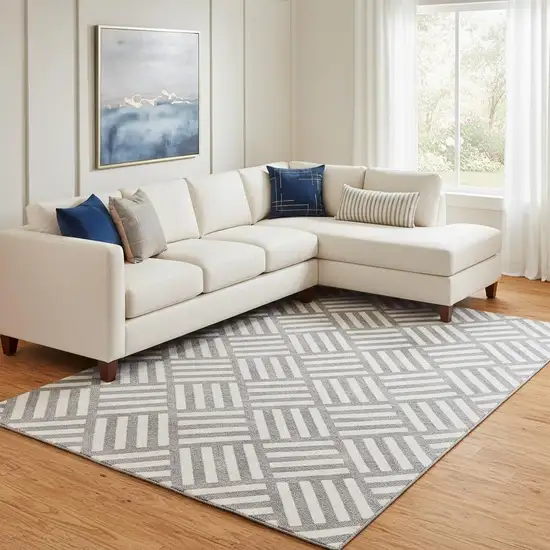 Charcoal And Ivory Geometric Washable Area Rug With UV Protection Photo 1