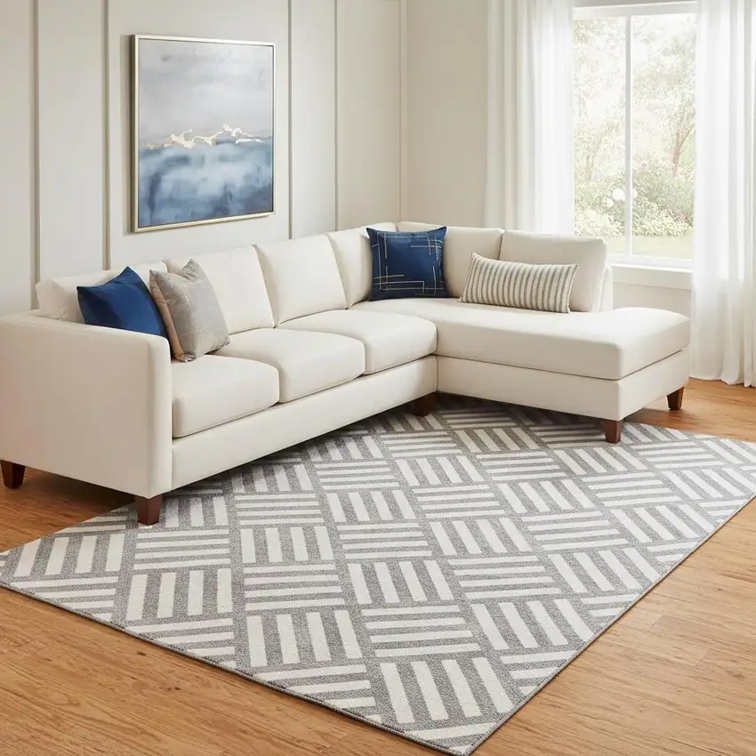 Charcoal And Ivory Geometric Washable Area Rug With UV Protection Photo 1