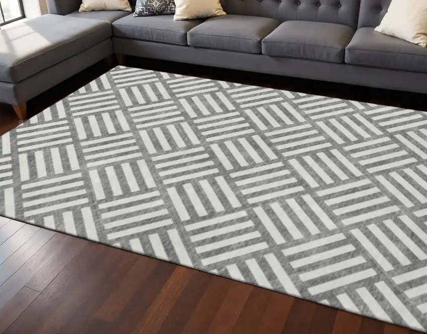 Charcoal And Ivory Geometric Washable Area Rug With UV Protection Photo 2